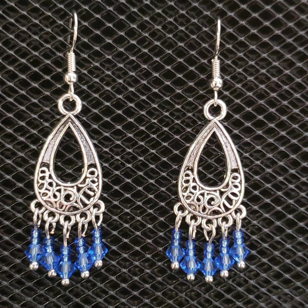 Antique silver and periwinkle blue faceted glass crystal chandelier earrings